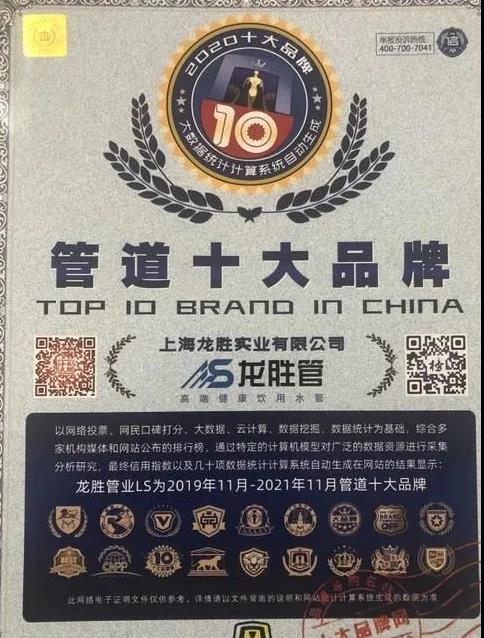 龍勝管榮獲CNPP“2020管道十大品牌”殊榮 龍勝管榮獲CNPP“2020管道十大品牌”殊榮